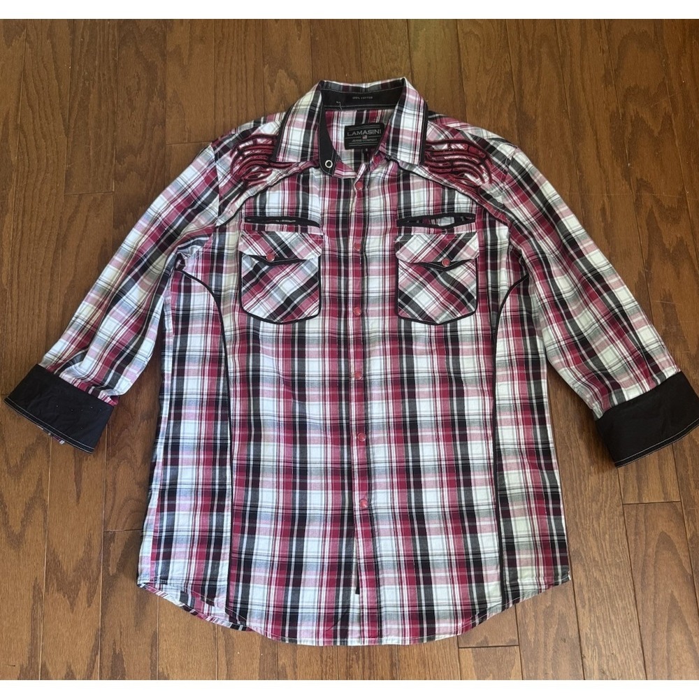 Lamasini Mens S Western Snap Shirt Red Plaid Embroidered Wings‎ Rocker
